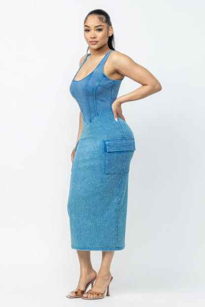 Turquoise Acid Washed Cargo Midi Dress