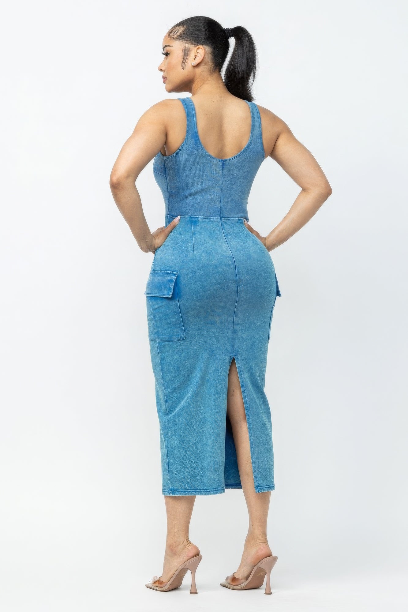 Turquoise Acid Washed Cargo Midi Dress