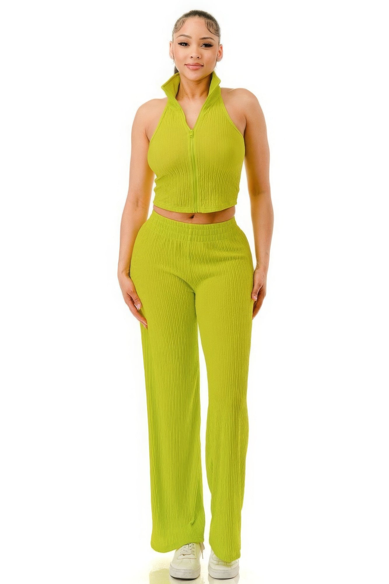 Green Wide Pants Set Zipper