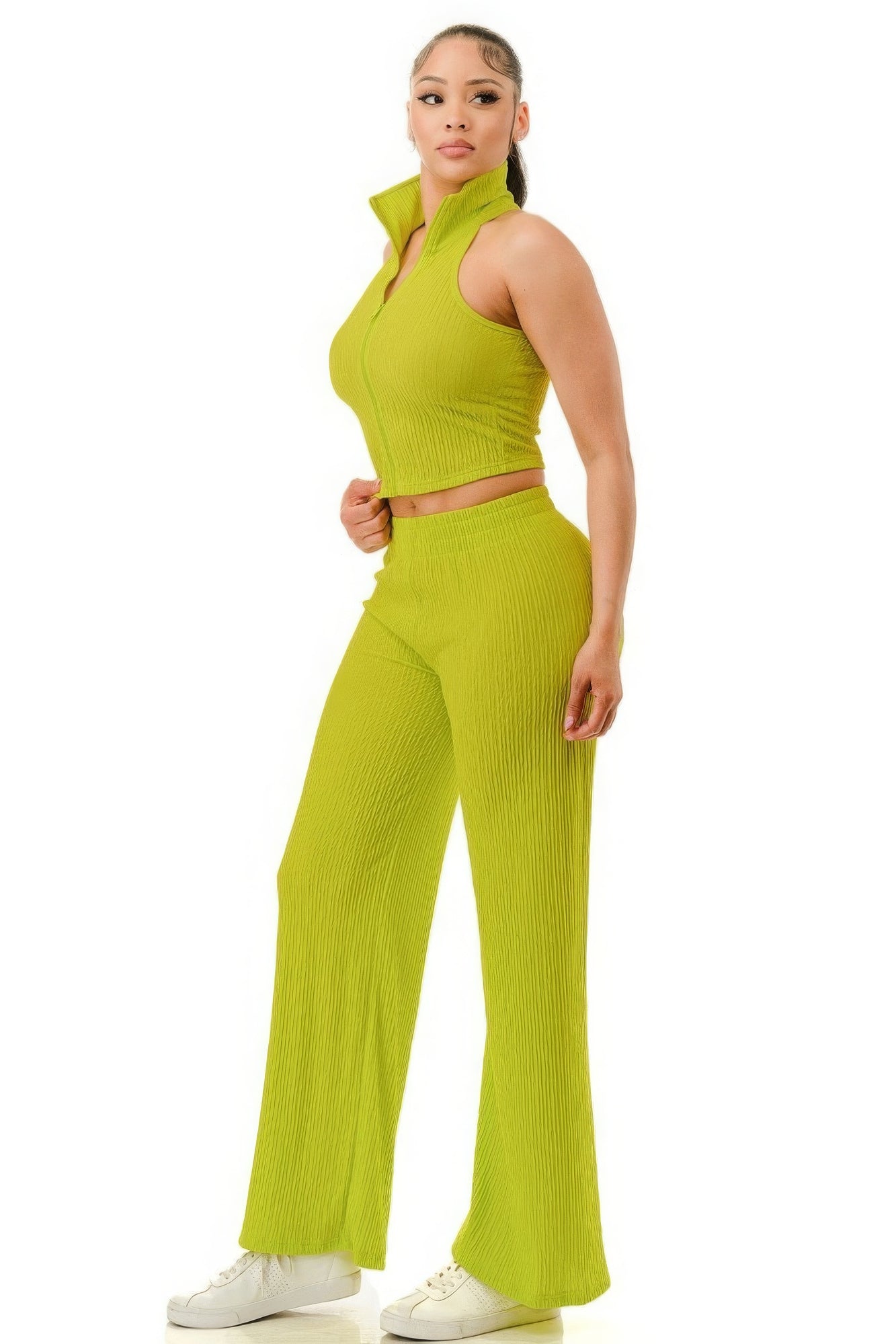 Green Wide Pants Set Zipper