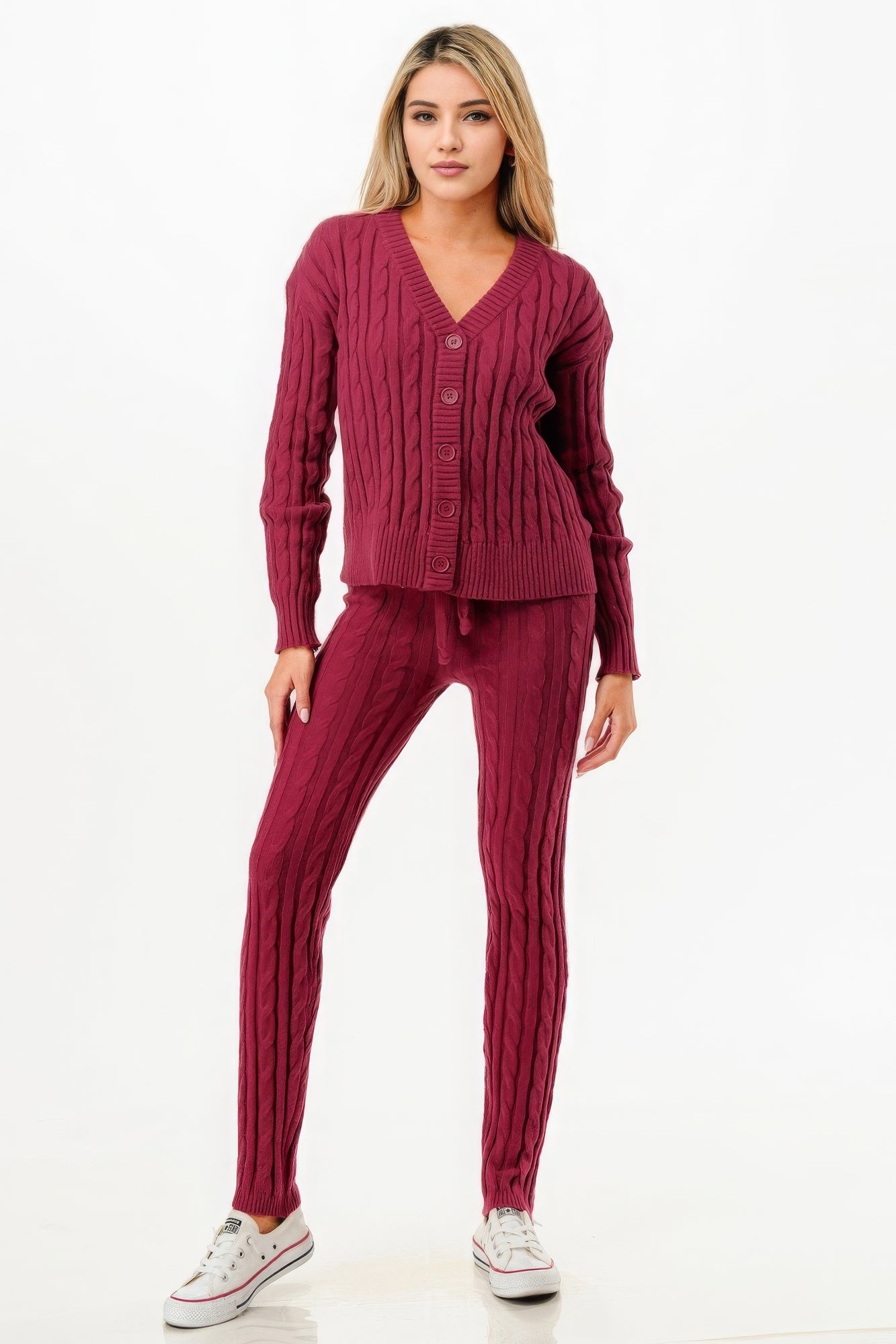 Burgundy Cable Sweater Cardigan 2pc Set