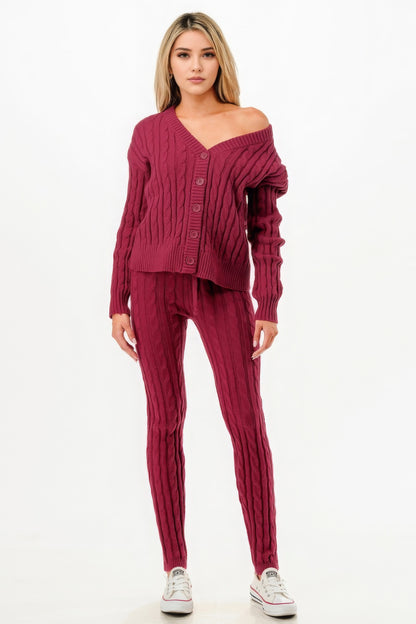 Burgundy Cable Sweater Cardigan 2pc Set