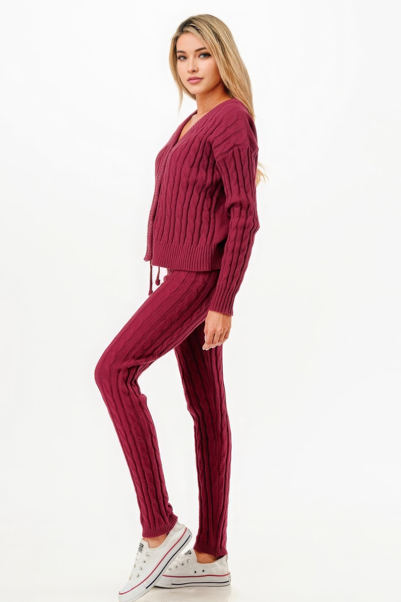 Burgundy Cable Sweater Cardigan 2pc Set