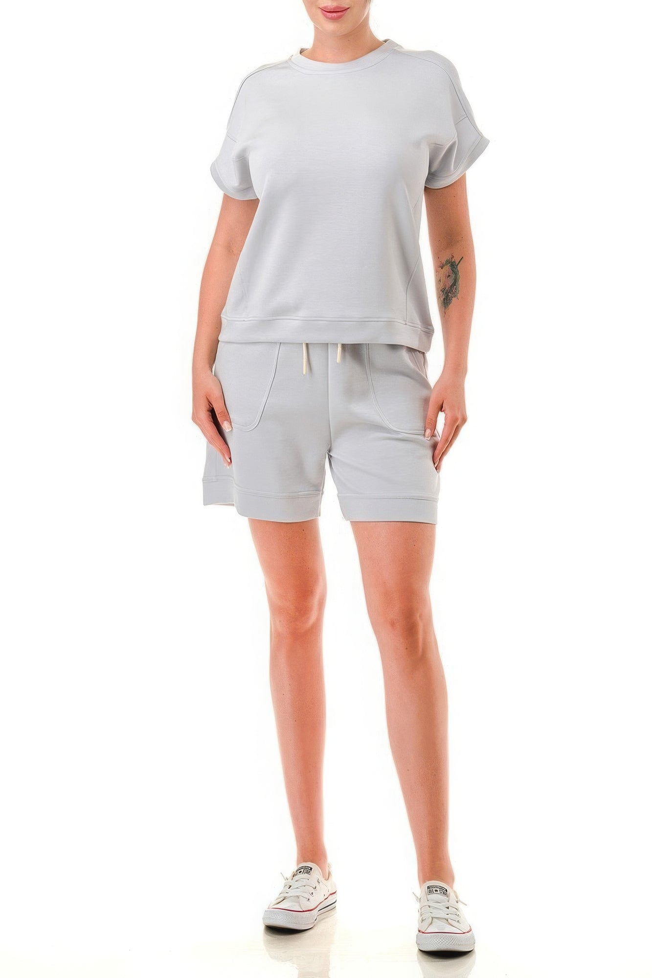 Gray Air Cotton Monochrome Tee And Shorts Set