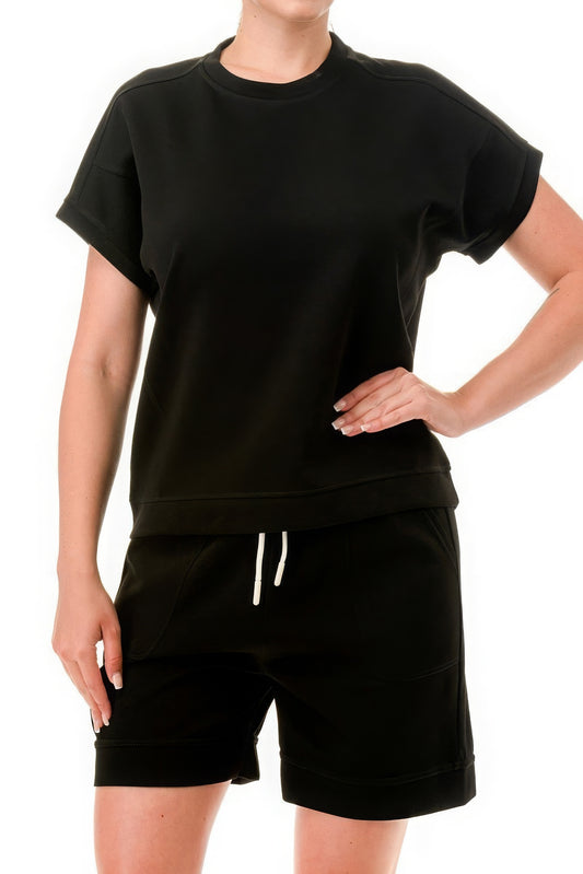 Black Air Cotton Monochrome Tee And Shorts Set