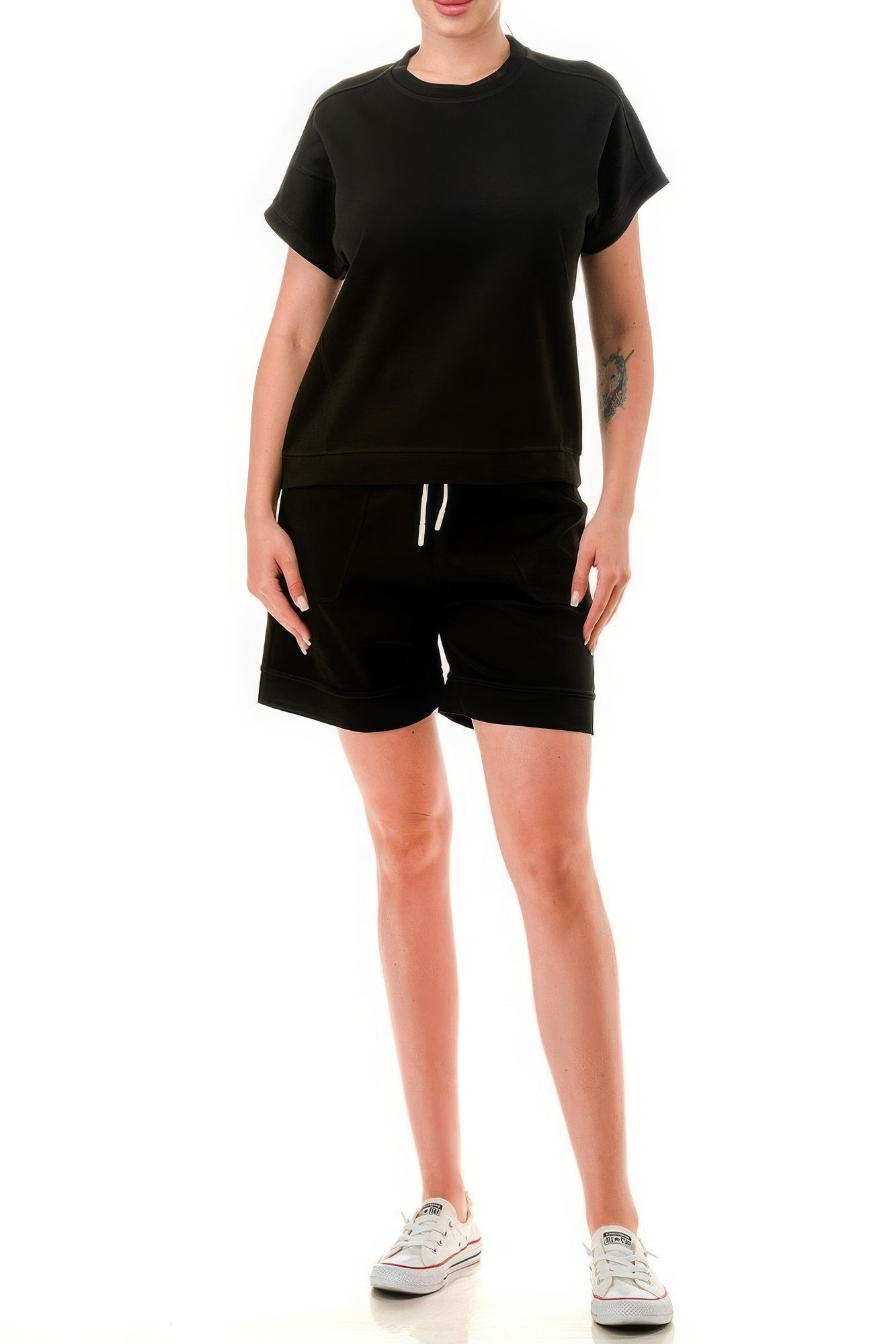 Black Air Cotton Monochrome Tee And Shorts Set