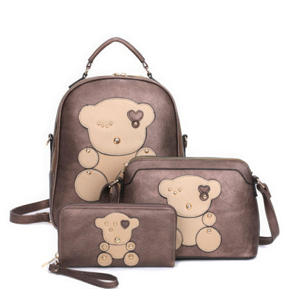 Brown 3in1 Cute Bear Design Handle Backpack W Crossbody And Wallet Set