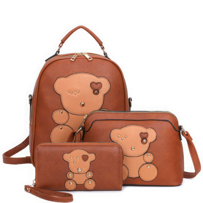 Brown 3in1 Cute Bear Design Handle Backpack W Crossbody And Wallet Set