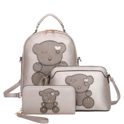 Brown 3in1 Cute Bear Design Handle Backpack W Crossbody And Wallet Set