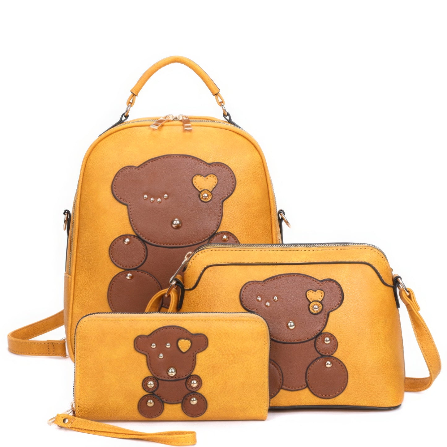 Brown 3in1 Cute Bear Design Handle Backpack W Crossbody And Wallet Set