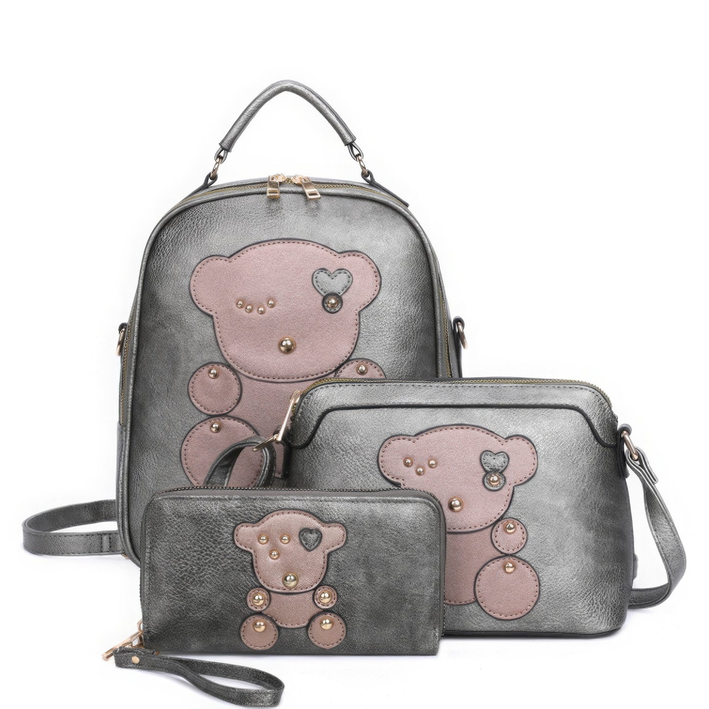 Brown 3in1 Cute Bear Design Handle Backpack W Crossbody And Wallet Set