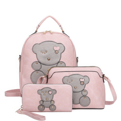 Brown 3in1 Cute Bear Design Handle Backpack W Crossbody And Wallet Set