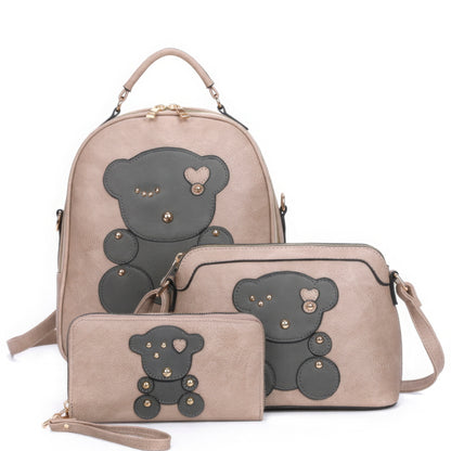 Brown 3in1 Cute Bear Design Handle Backpack W Crossbody And Wallet Set