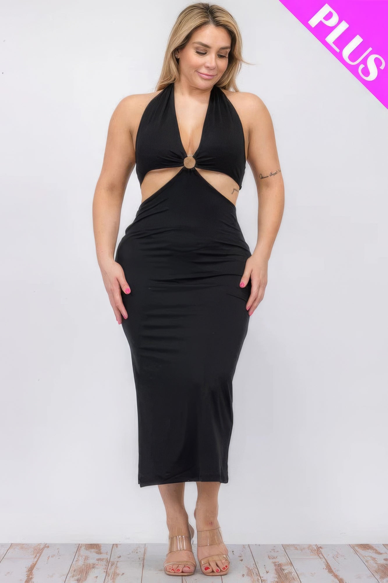 Plus Size Cut-out Halter Neck Double Back Tie Split Thigh Midi Dress