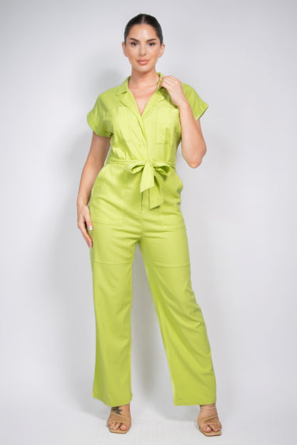 Neon Green Button-Down Linen Jumpsuit