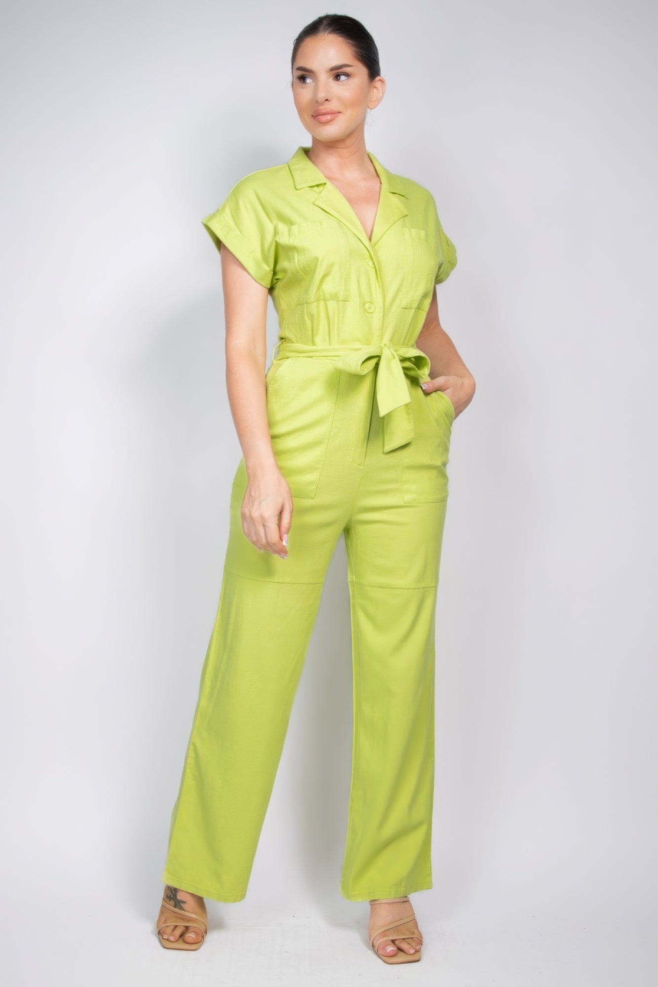 Neon Green Button-Down Linen Jumpsuit