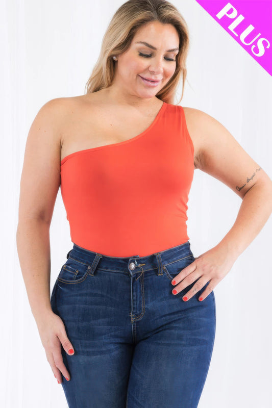 Plus size one shoulder solid casual bodysuit