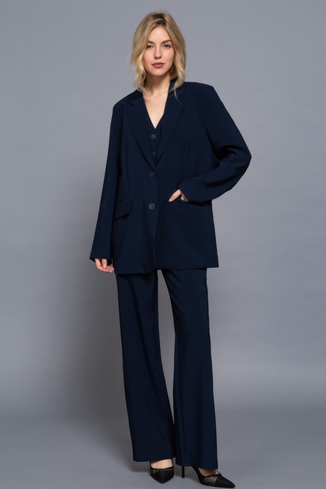 Long slv front button closure blazer