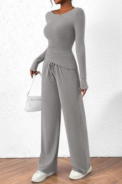 Round Neck Long Sleeve Top and Pants Set