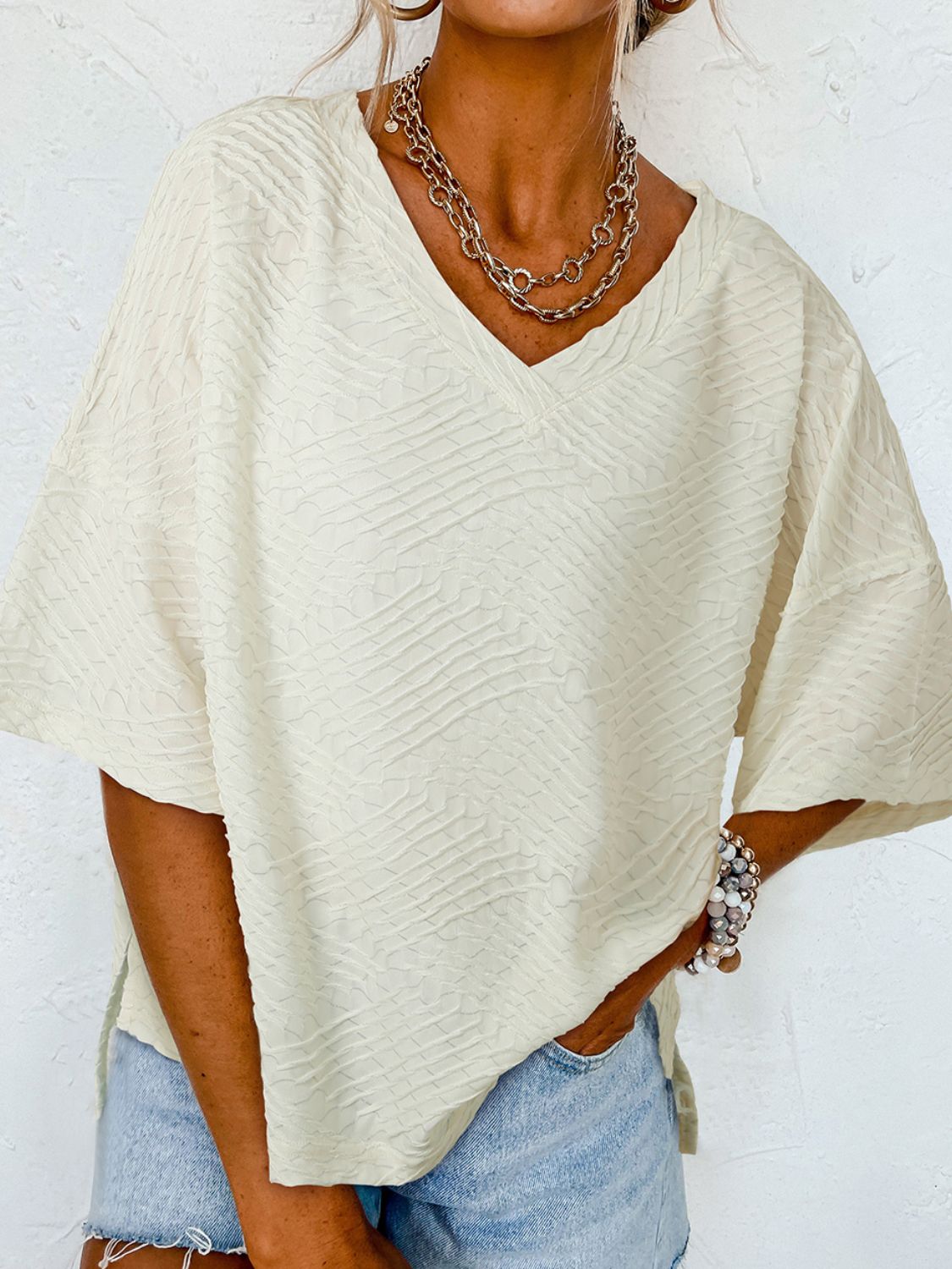 Textured V-Neck Dropped Shoulder T-Shirt