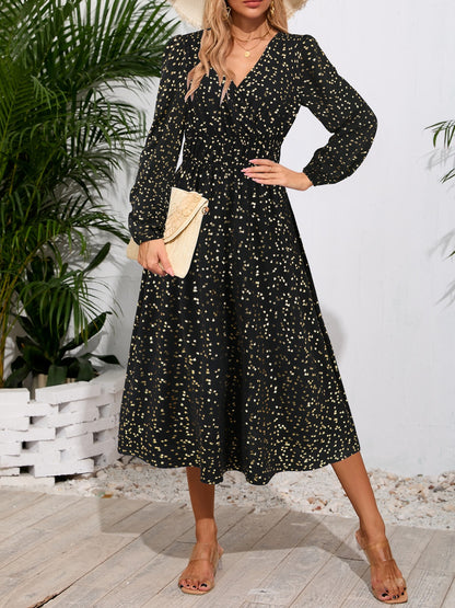 Printed Surplice Long Sleeve Midi Dress