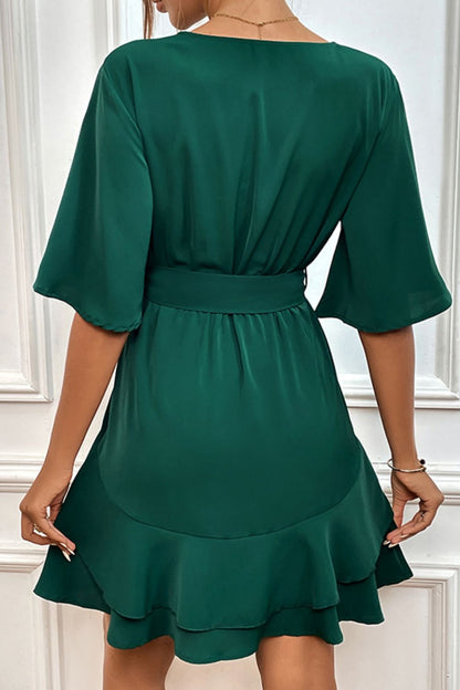 Perfee Tie Belt Surplice Neck Ruffled Dress