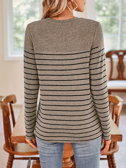 Lovelet Quarter Button Striped Round Neck Long Sleeve T-Shirt