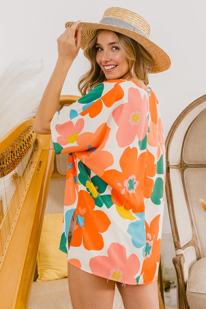 Cream & Orange & Blue Floral V Neck Slit Side T-Shirt