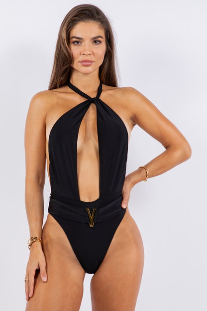 One piece bathing suit deep open with belt on waist