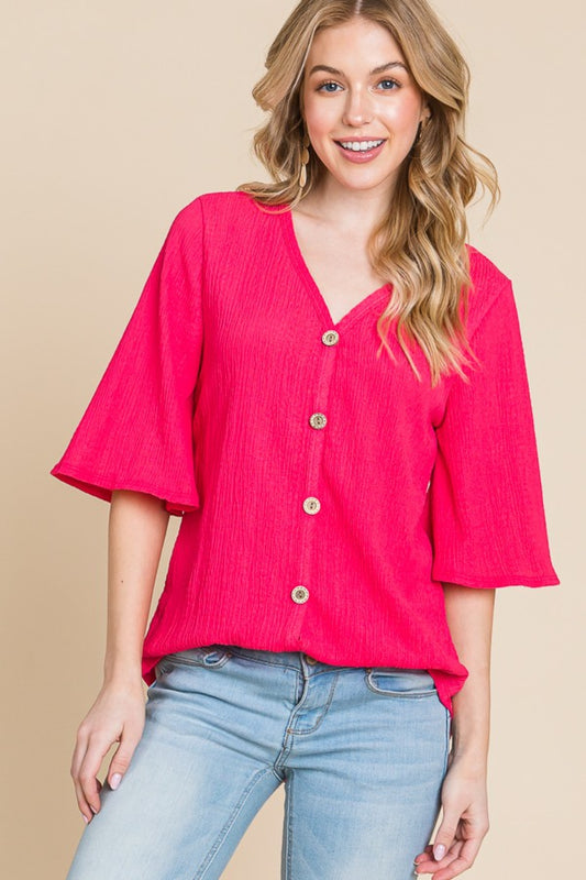 Fuchsia Texture Decorative Button V-Neck Top