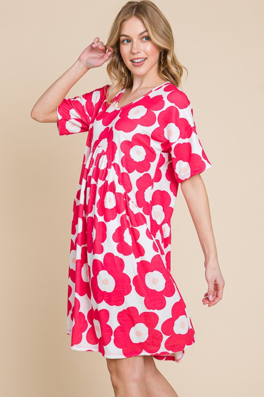 Fuchsia Flower Print Ruched Dress