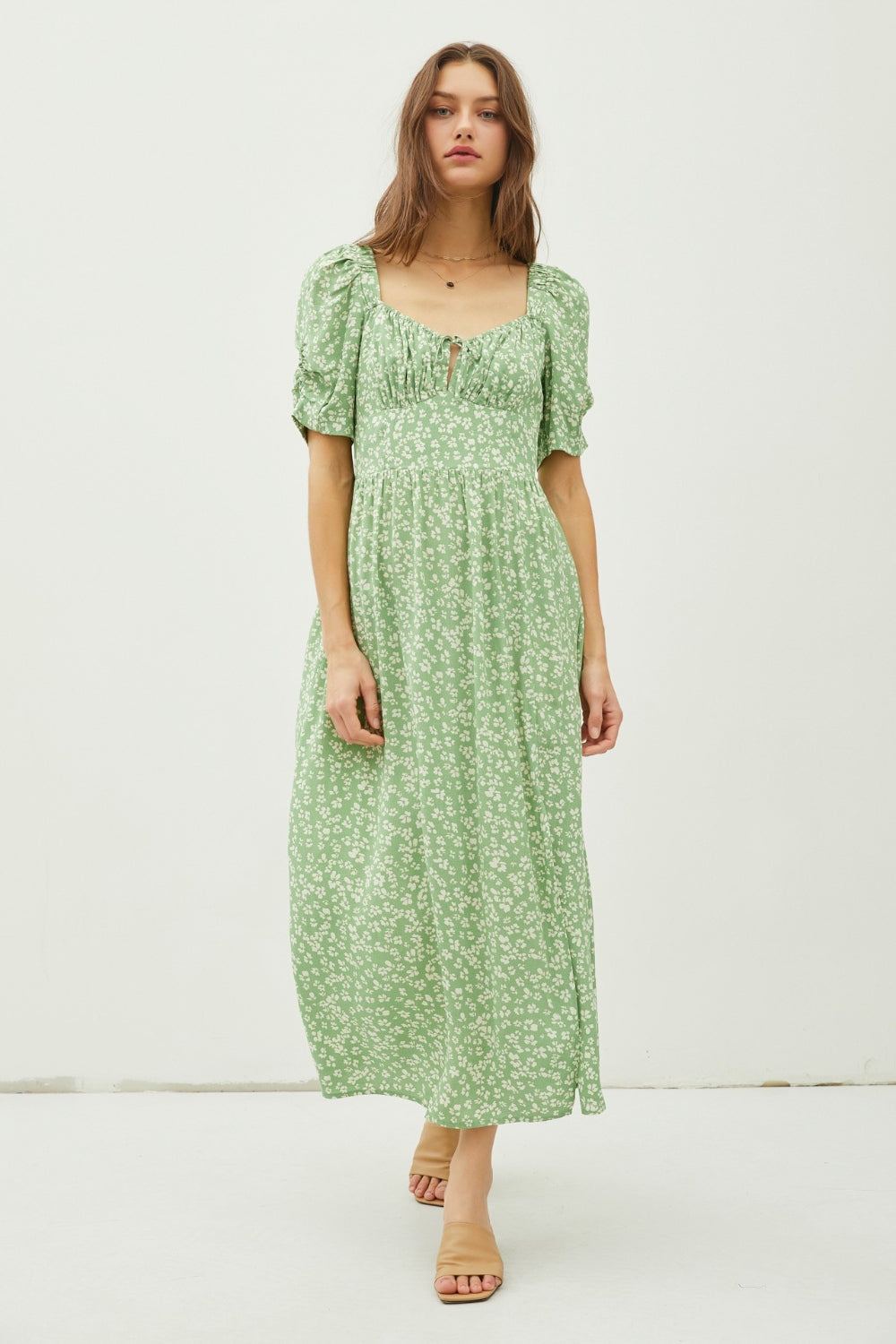 Green Floral Smocked Back Slit Dress