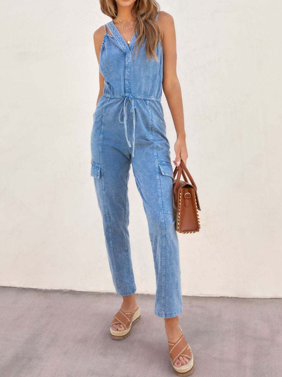 V-Neck Sleeveless Denim Jumpsuit