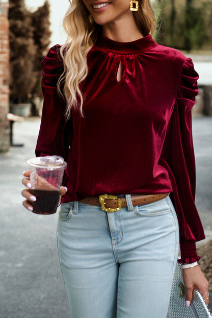 Tie Up Mock Neck Velvet Fabric Long Sleeve Blouse