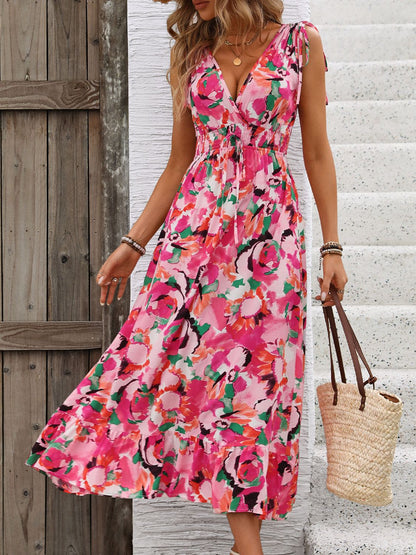 Ruffled Smocked Printed Sleeveless Dress