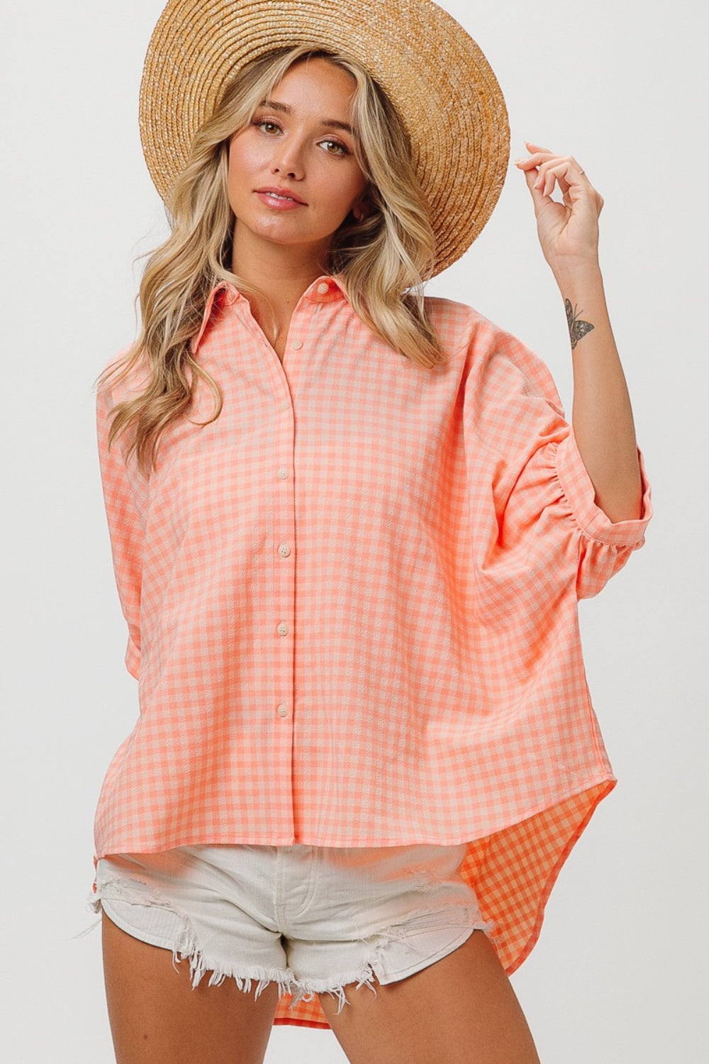 Blush Plaid Button Up Dolman Sleeve Shirt