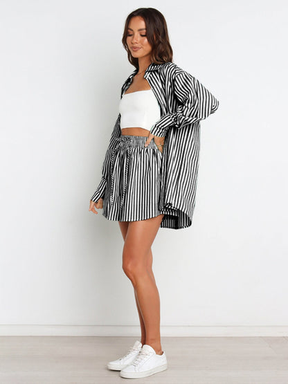 Striped Dropped Shoulder Shirt and Shorts Set