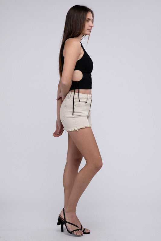 Ivory Acid Washed Frayed Cutoff Hem Shorts