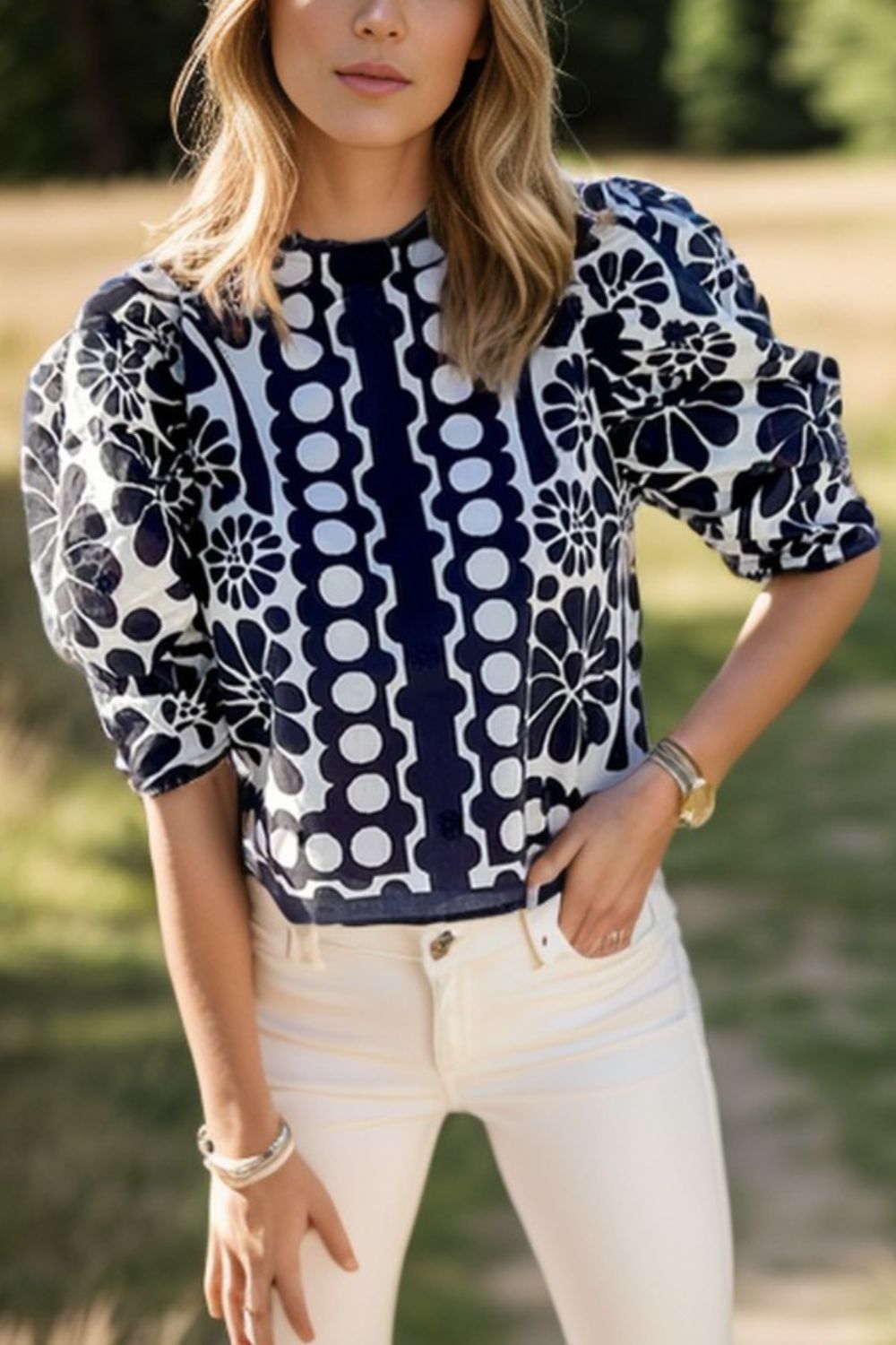 Printed Round Neck Half Sleeve Blouse