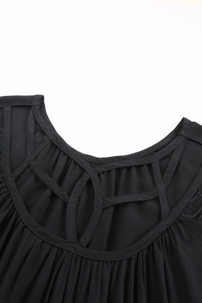 Strappy Neck Spliced Lace Eyelash Trim Blouse