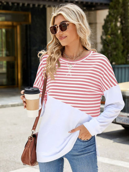 Slit Contrast Striped Long Sleeve Sweatshirt