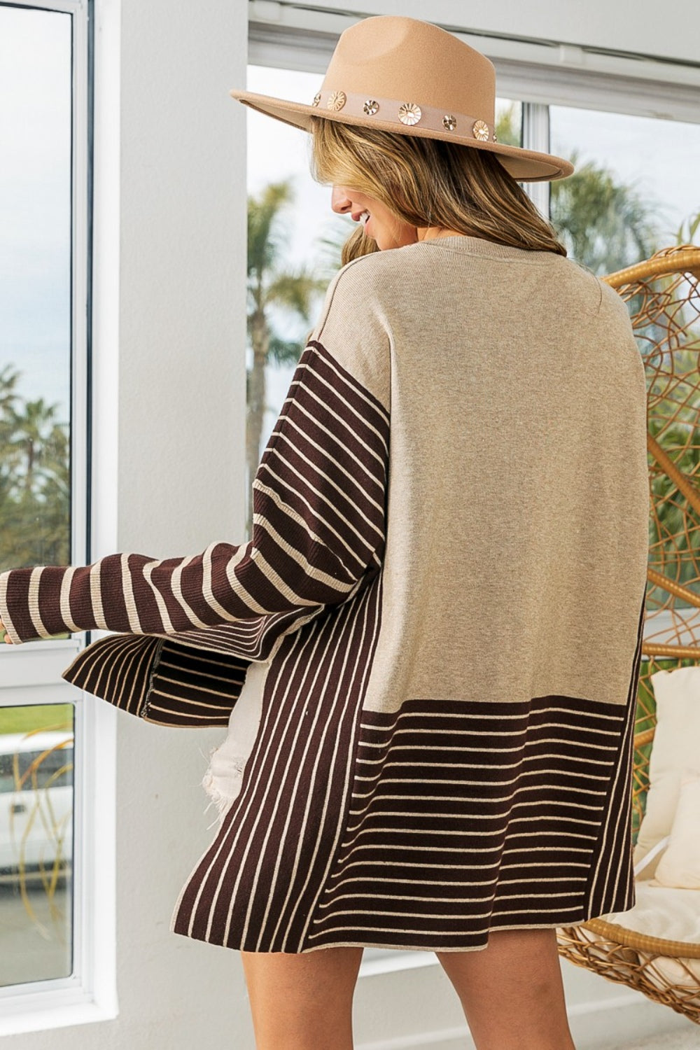Mocha Striped Contrast Long Sleeve Slit Top