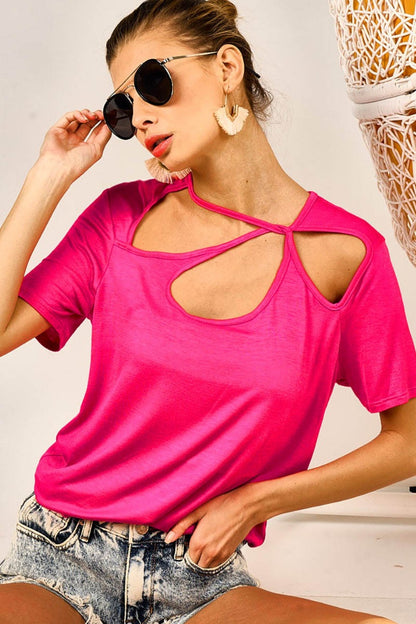 Fuchsia Cutout Asymmetrical Neck Short Sleeve T-Shirt