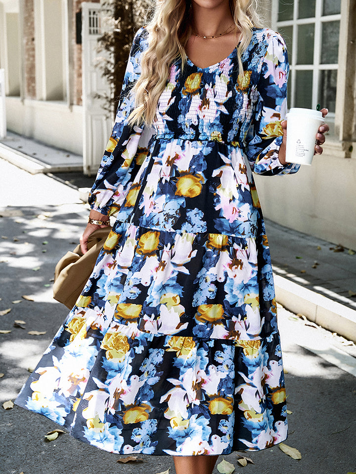 Devine Floral Print Smocked Midi Dress