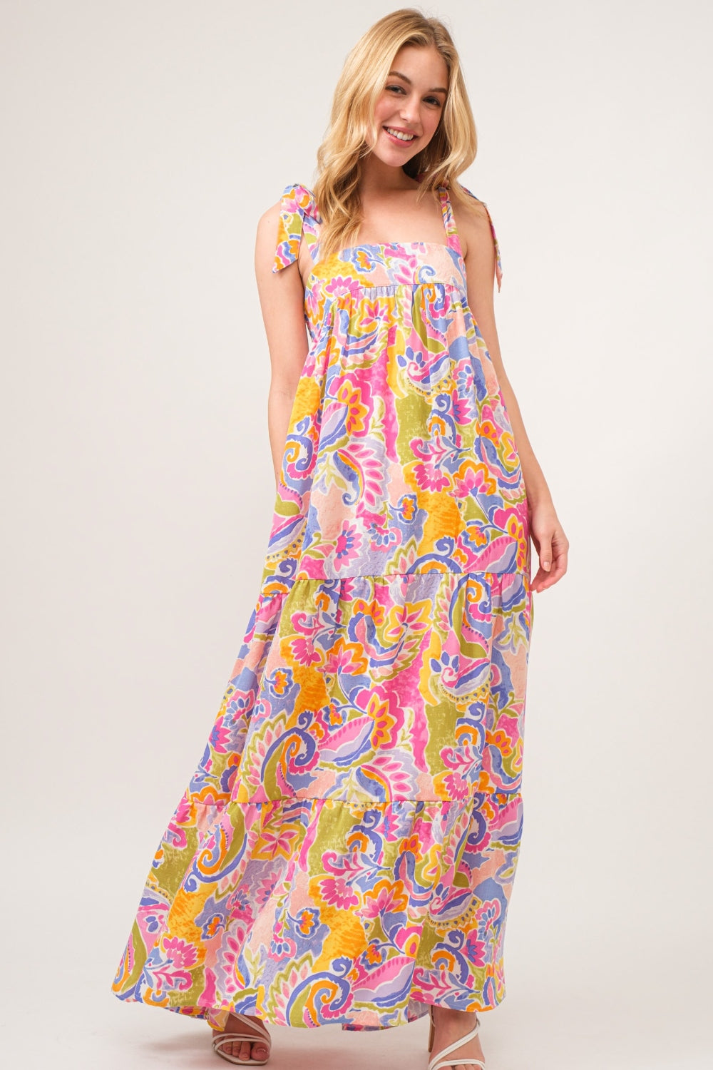 Light Pink Full Size Printed Tie Shoulder Tiered Maxi Dress