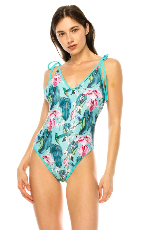 One piece bathing suit floral print shoulder top tie