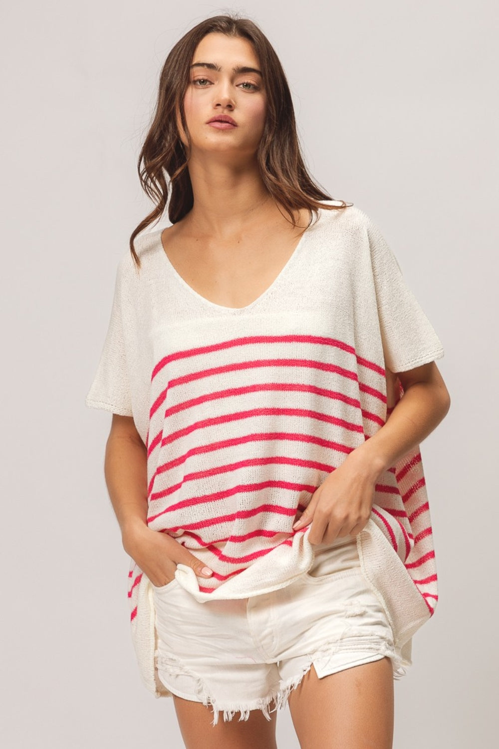 Fuchsia V Neck Striped Short Sleeve Top