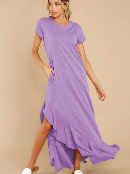 Slit Round Neck Short Sleeve Maxi Dress