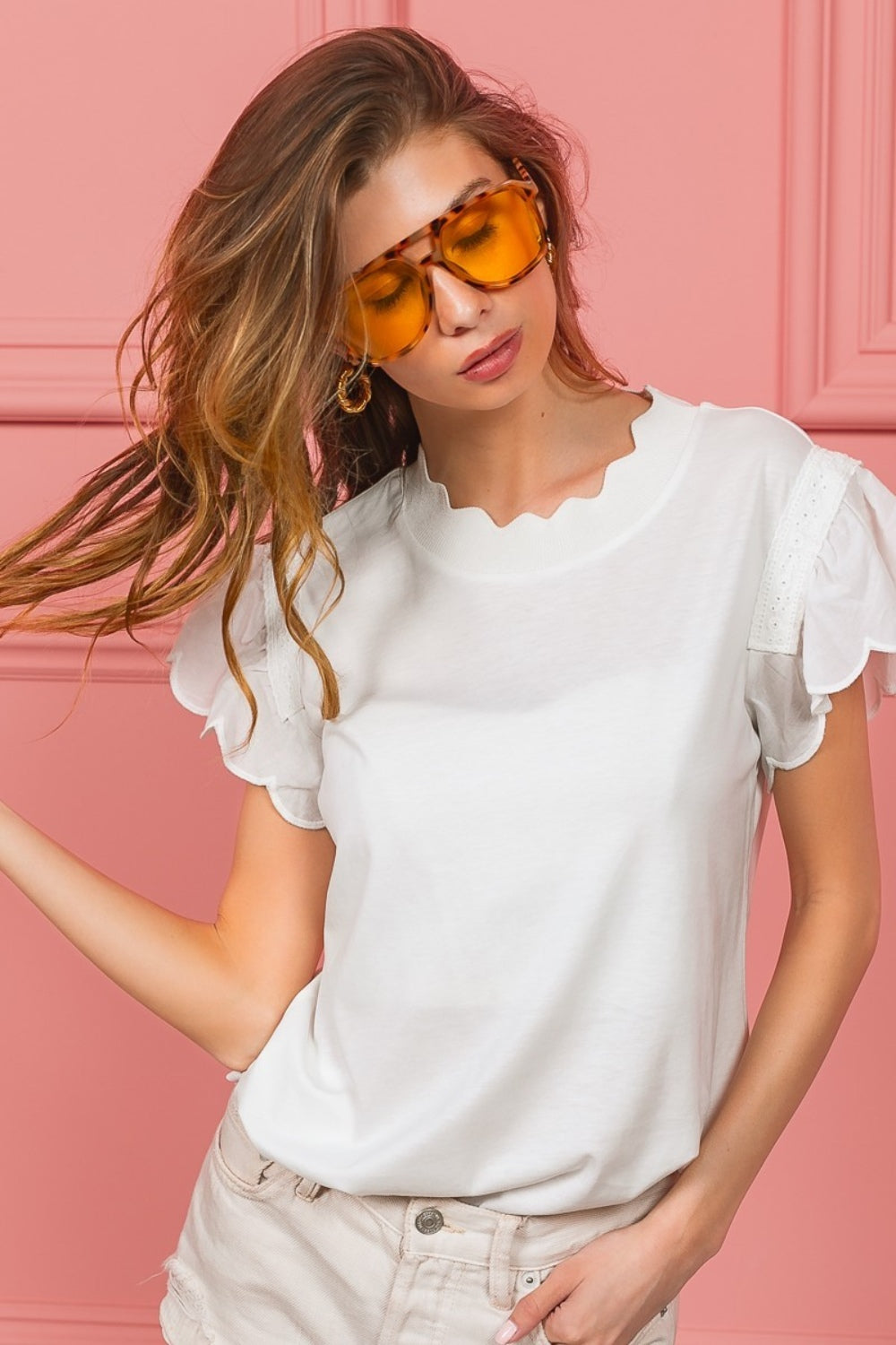 Off White Scallop Edged Lace Trim Top