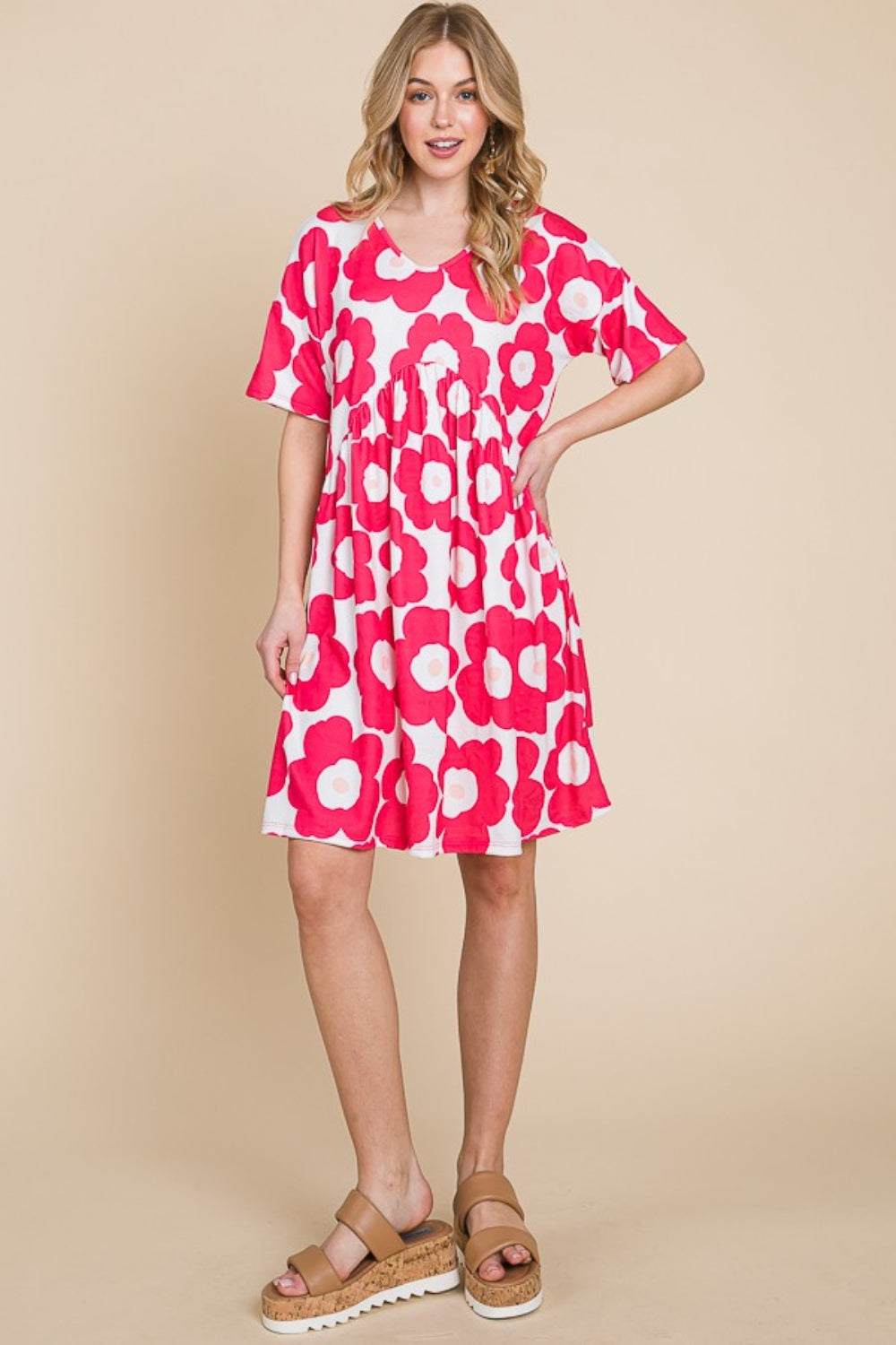 Fuchsia Flower Print Ruched Dress